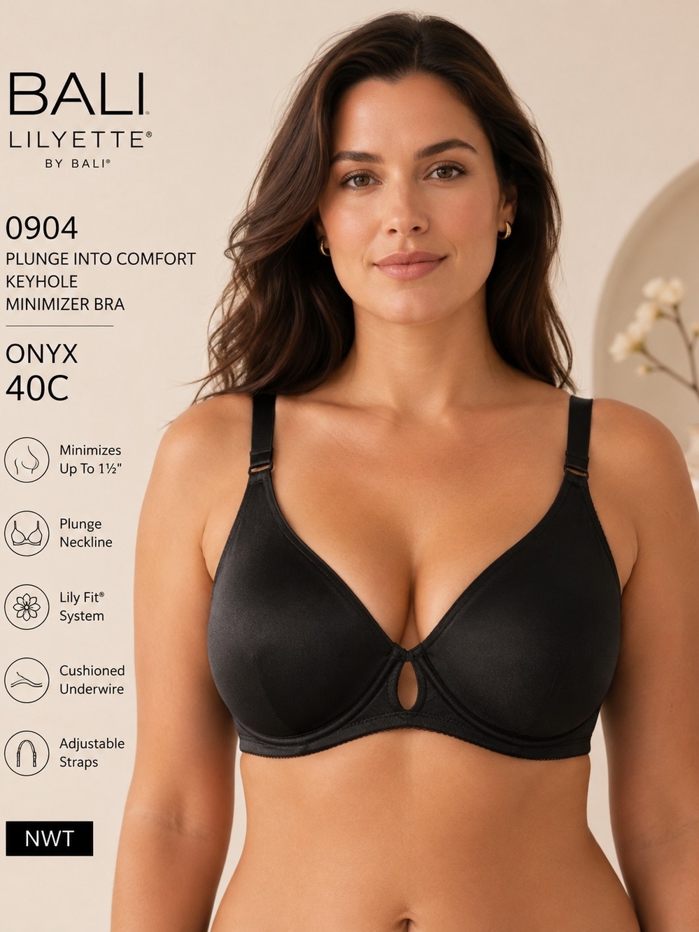NWT Bali Lilyette 0904 Plunge Keyhole Minimizer Bra Onyx 40C